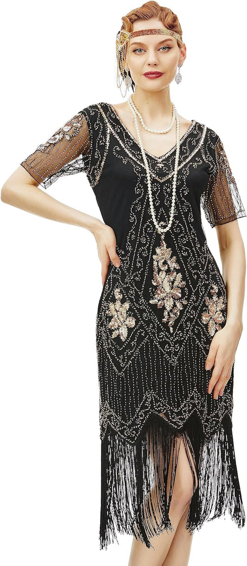 1920S Art Deco Fringed Sequin Dress Roaring 20S Flapper Fancy Dress Gatsby Costume Dress