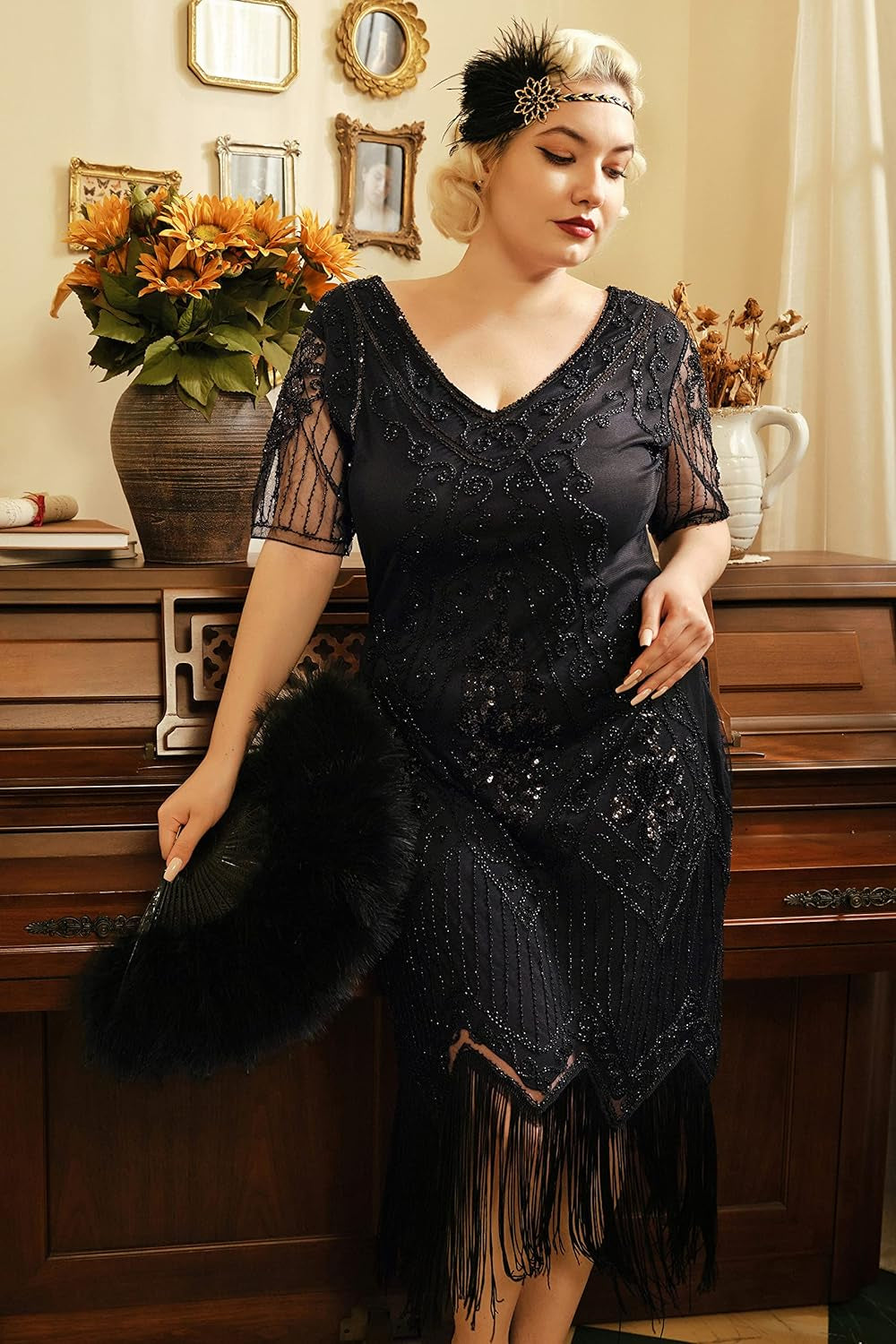 plus Size 1920S Art Deco Fringed Sequin Dress Flapper Gatsby Costume Dress for Women